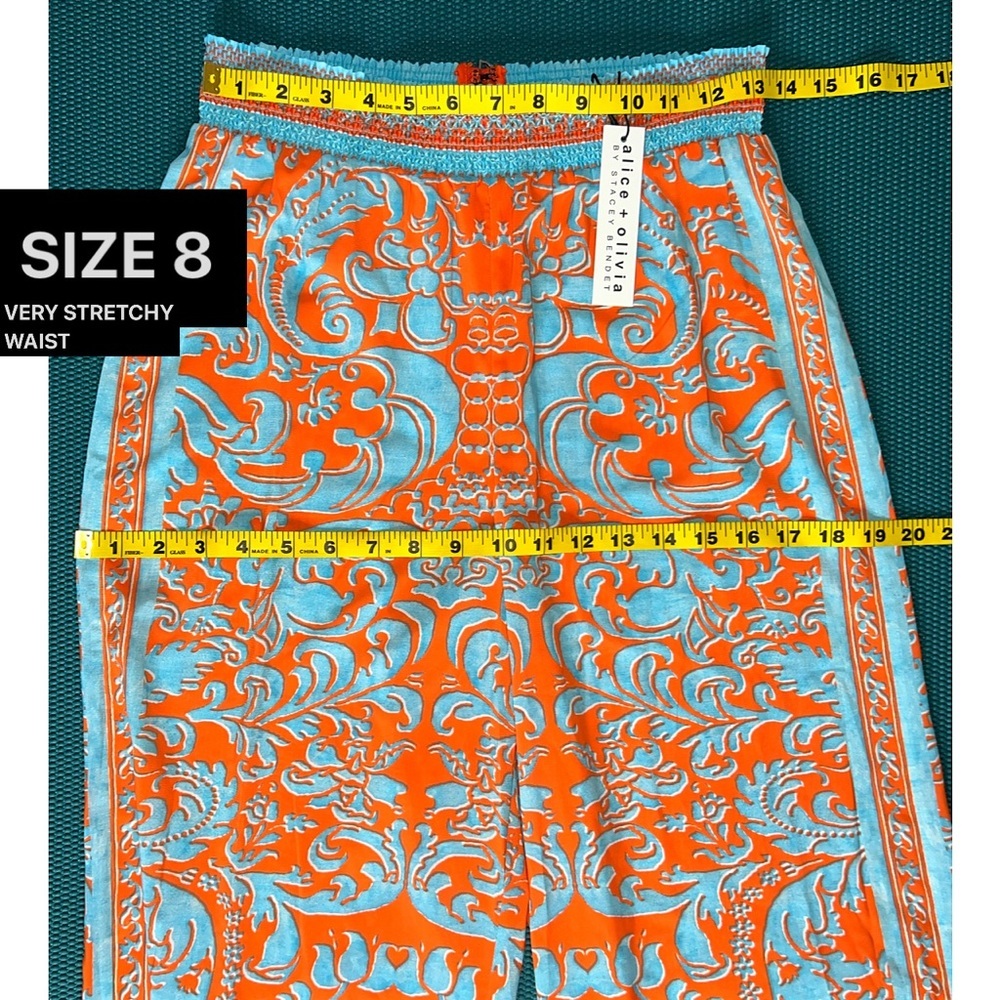 Alice + Olivia Athena Smocked Waistband Wide Leg Sienna Orange Blue Pant - Picture 12 of 17